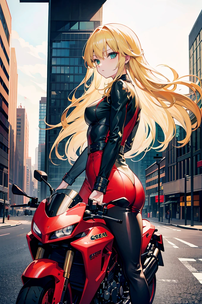 1 girl, long blonde hair, green eyes, wearing red and black motorbike suit, city, windy, high res, looking behind, masterpiece, 8k