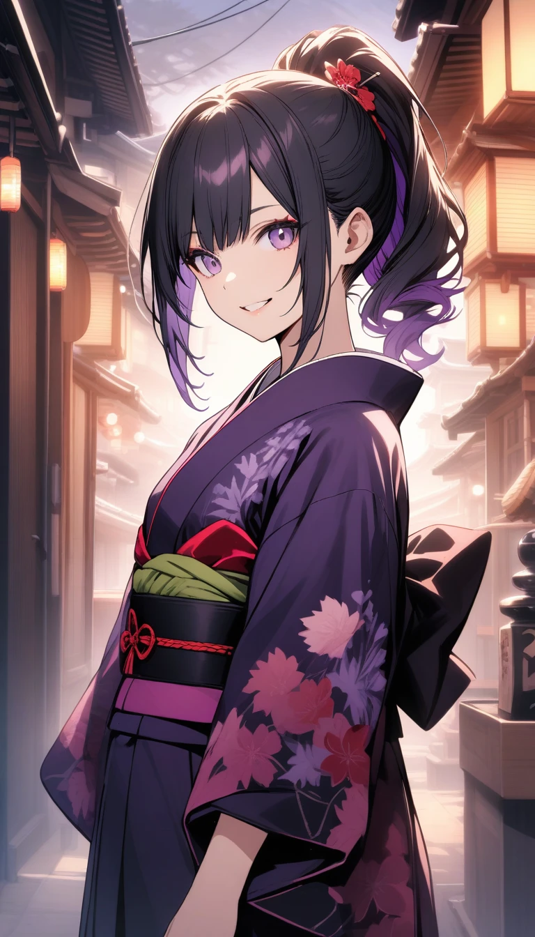 Kyoto, High resolution, Highest quality, 1 girl solo, Smile, kimono, Black Hair, Purple highlights, ponytail