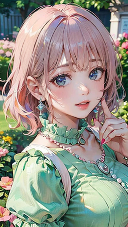 (Masterpiece, BestQuality:1.3), (ultra detailed:1.2), (hyperrealistic:1.3), (RAW photo:1.2), High detail RAW color photo, professional photograph, (Photorealistic:1.4), (realistic:1.4), (Pink Hair:1.5), professional lighting, perfect anatomy, (Big Breasts:1.2), (blush, detailed face), (cheerful Smile:1.5), Trending Hair&Trending Hairカラーをランダムに, earrings, necklace, bracelet, sexly, erotic sexly, Random sexy gravure poses, (A beautiful and elegant woman wearing a light green frilled dress、Smiling among flowers in the garden、Pearl Earrings、Pose with flowers in hand。:1.3)