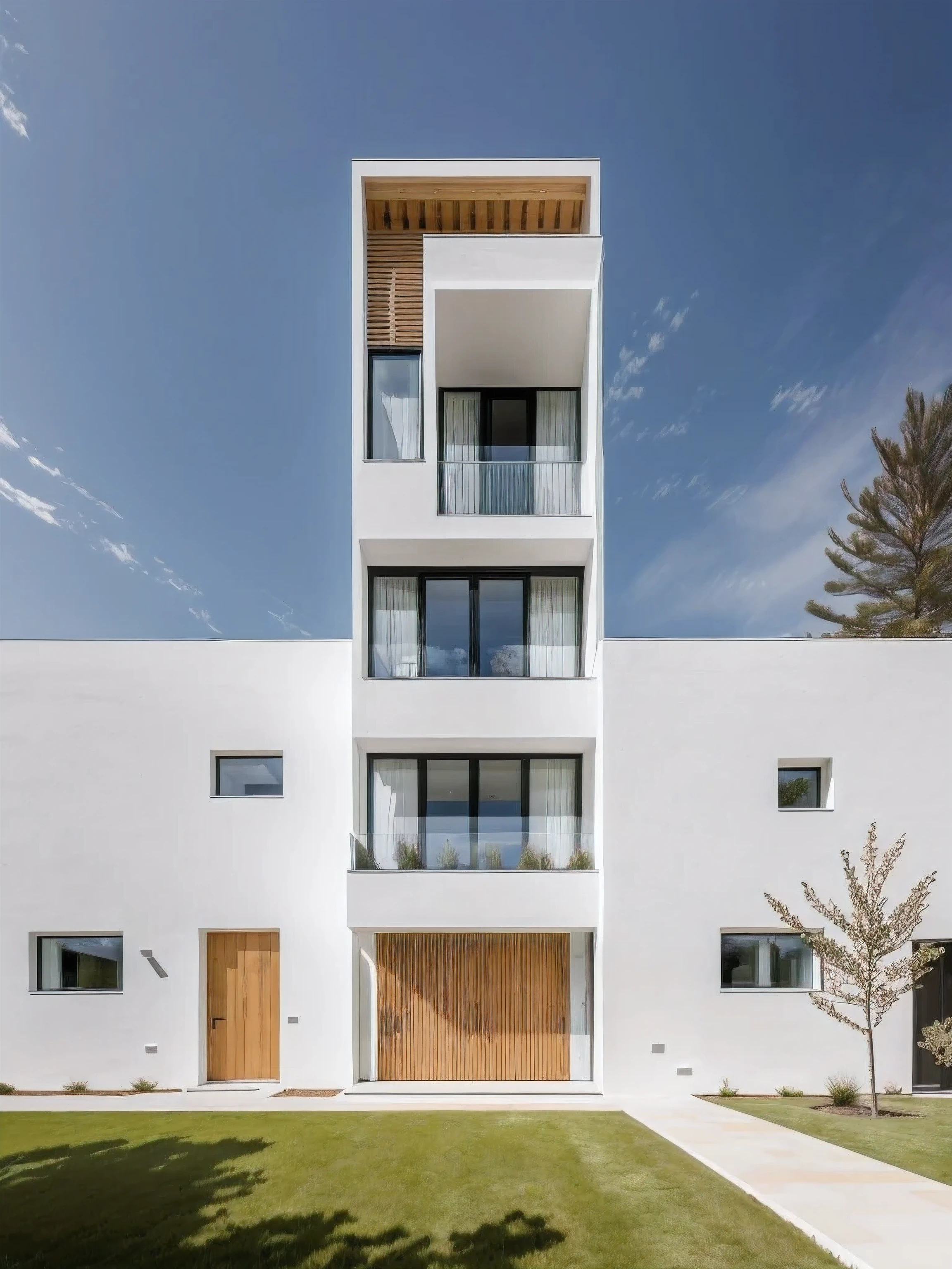 1 architecte moderne, main material by white wall and wood, 1 large courtyard, 1 road passes in front of the house, (photo brute, Real, best quality, head of'artwork:1.2), avoir l'modern and minimalist look, 1 route devant la maison, Dynamic lighting:1.3, (hyper Realistic, photo-Realistic:1.2), high quality, (dark lighting:1.2), perfect lighting, archaic, Aucun humain