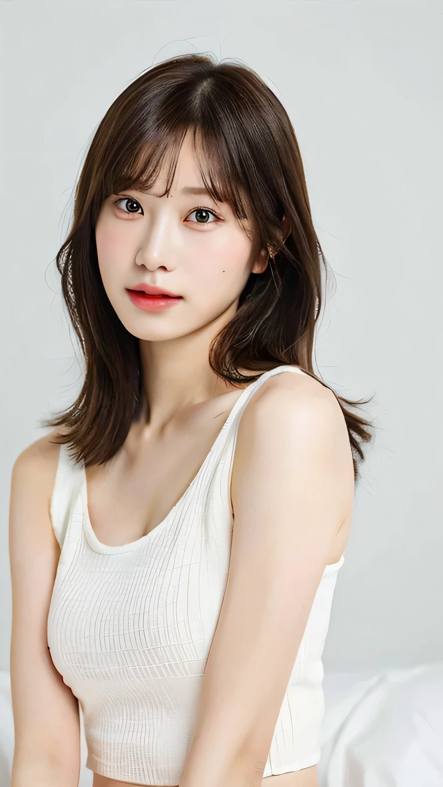 A beautiful woman wearing tanktop ,cowgirl shot, white background, flat chest, on bed, 35mm lens, f/1, (best quality, 4k, 8k, highres, masterpiece:1.2), ultra-detailed, (realistic, photorealistic, photo-realistic:1.37), extremely detailed eyes and face, longeyelashes, beautiful detailed eyes, beautiful detailed lips