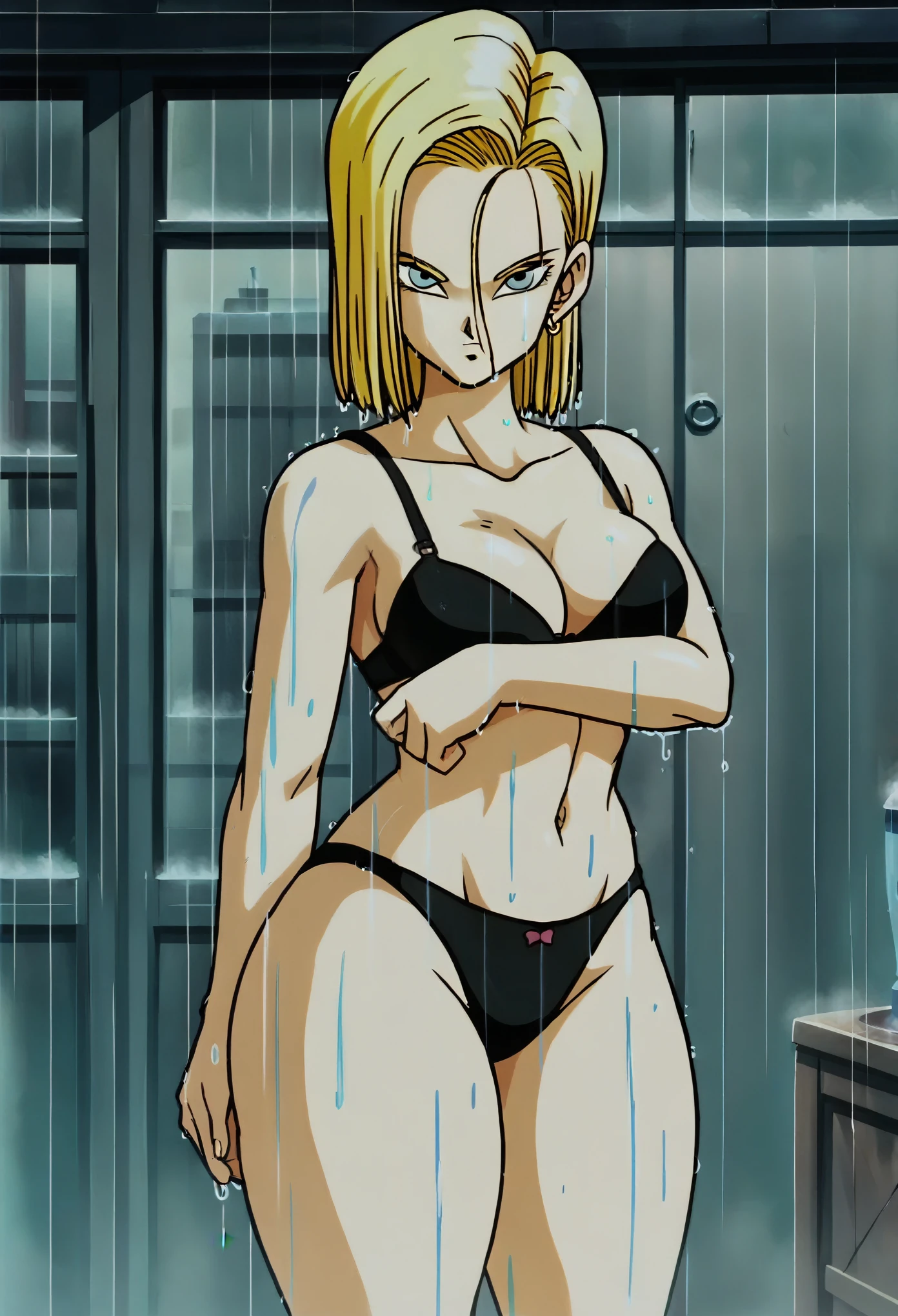 source_anime, score_9, score_8_up, score_7_up, anime screencap,
detailed face, retro artstyle, 1990s \(style\), android 18, classic look, 1girl, solo, looking at viewer, short hair, blue eyes, blonde hair, collarbone, fire, smoke, ruined city, wet hair, rain, standing up, ((panties)), ((bra)), ((((thick thighs)))), ((nude))