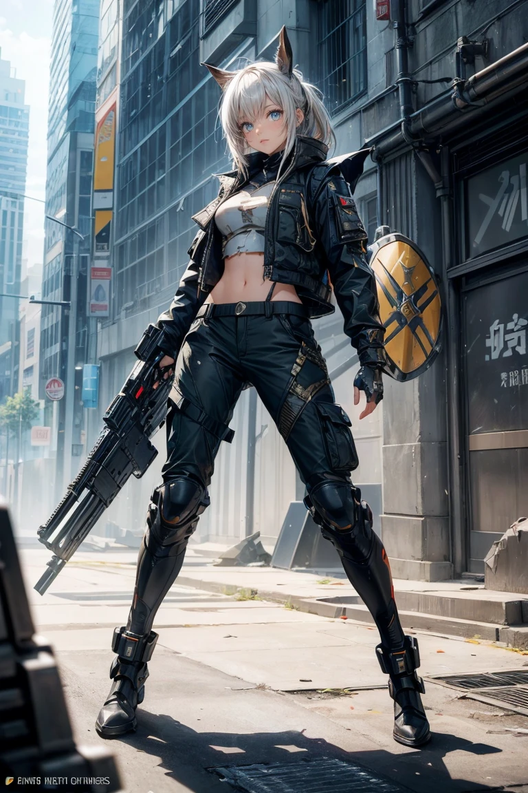masterpiece, high quality, detailed art, concept art, character concept, ARKNIGHTS, sci-fi knights, anthro animals battle androids, perfect eyes, crystal clear eyes,(battle android model), female character android, (wearing [military|sexy|elegant:0.25] future outfit uniform with straps and accessories, cargo pants, military vest), (holding [weapon|shield:0.5]), action pose, battle damage, (visible (damaged parts:1.35) of (characters android body:1.3):1.15)
