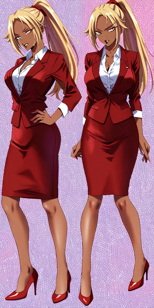 90s evil adult blonde business women in a red pencil skirt , red blazer, white blouse , red heels full body