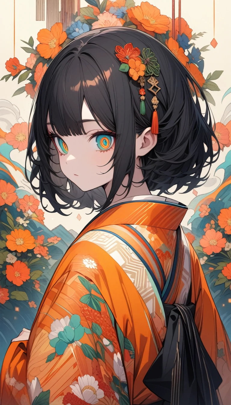 masterpiece, Highest quality, Super detailed, Detailed eyes, Upper Body Shot, Long characters, Intricately styled black hair. Characters、She is wearing a detailed kimono with vibrant orange floral patterns.。, white, Green and. They are、I'm standing in an alley lined with old-fashioned street lamps emitting a warm light.。, Create a peaceful atmosphere, Historical Japanese Stage. To maintain anonymity、The character's face is obscured by a pixelated area。.