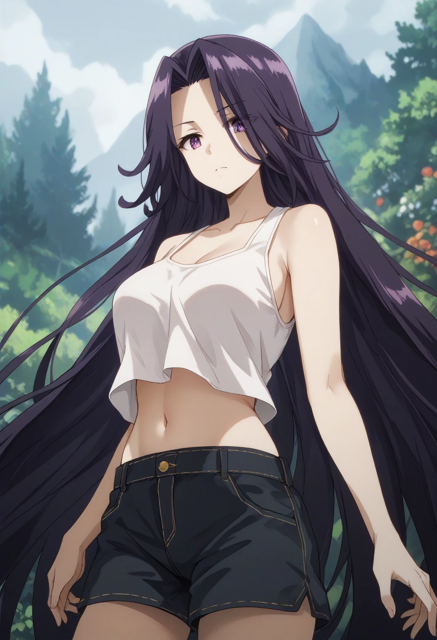 aurora,tall woman, long hair, purple hair, very long hair, purple eyes,white tank top,midriff,navel,black shorts
