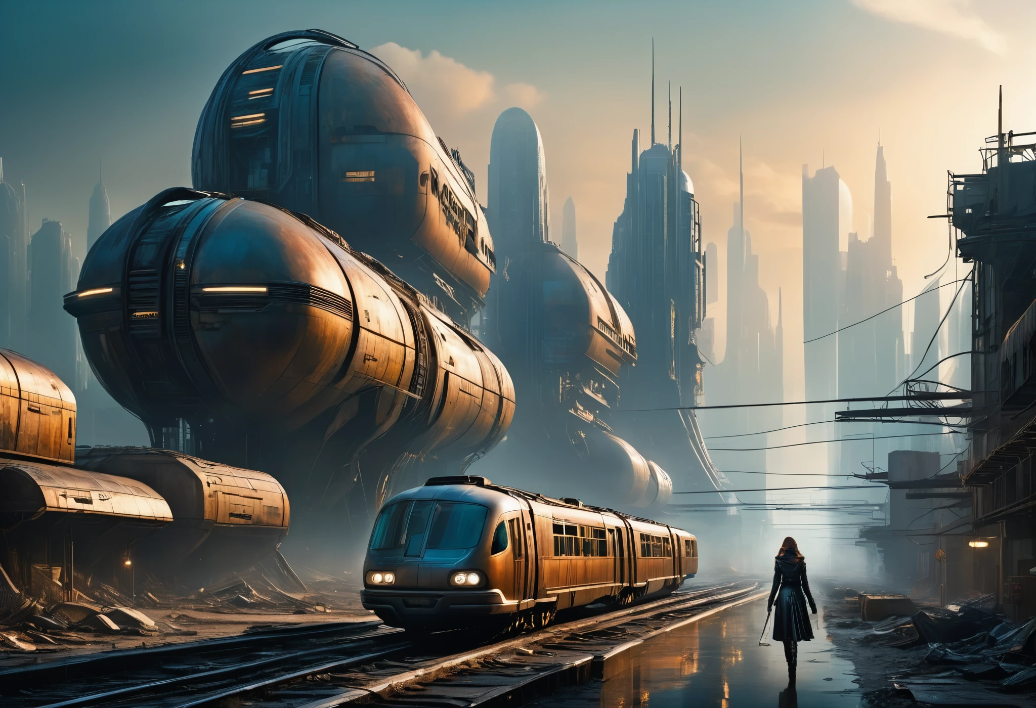image taken from under the skirt of a giant girl bigger than the buildings, She is walking between the buildings of an abandoned, ultra-futuristic North American megalopolis city, nuclear apocalypse environment, the dystopian city has many metallic buildings and houses in dark colors in ruins, environment from dark blue to black, the city has shades of metal gray, has smoky metal structures, ultrafuturistic industrial environment with smoke and fog around, dark cars on the streets, desert megalopolis, There are abandoned rusty modern metal rails and train among the city streets, futuristic and rounded metal tall buildings, many ultramodern buildings around, as realistic as possible, as detailed as possible, Science fiction, there are 2 planets in the sky through the dense atmosphere