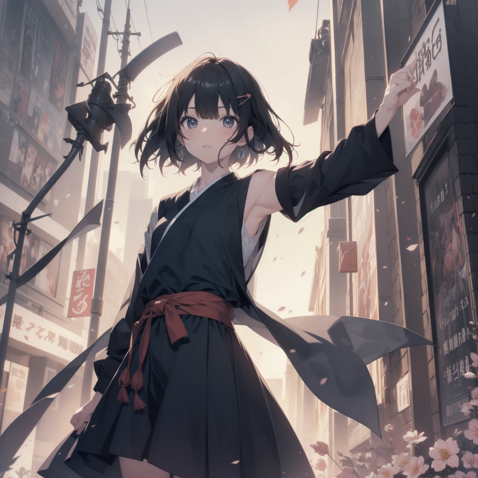 Ninjas are... cool and... fast.！ultra-absurdres-Top quality by artist God, ultra-detailed, high resolution, anime moe artstyle, best anime 8k konachan wallpaper, pixiv contest winner, pool:2810, perfect anatomy,break, Domo…1girl is ninja girl, (Please draw a picture of a Ninja girl stand and look down on the city from rooftop),from above, dutch angle, break, (Solo,little female,,12-year-old:1.3), androgynous charm, (Very Short hair, blunt bangs), Full limbs, complete fingers,flat chest, Small butt, groin, small black eyes, beautiful detailed eyes, well-proportioned iris and pupils, expressive eyes, highres detailed hair, (sleeveless hanjuban),obi,ninja hakama, japanese Hairpin,ninja scarf waving in the wind, ninja stance, break,super detailed skin, Best cinematic lighting powered by famous artist, 8k,beauty illustration,photoshop_(medium),very aesthetic,break,((artist:nekotoufu )), artist:clamp ,artist:carnelian ,artist:kantoku ,
