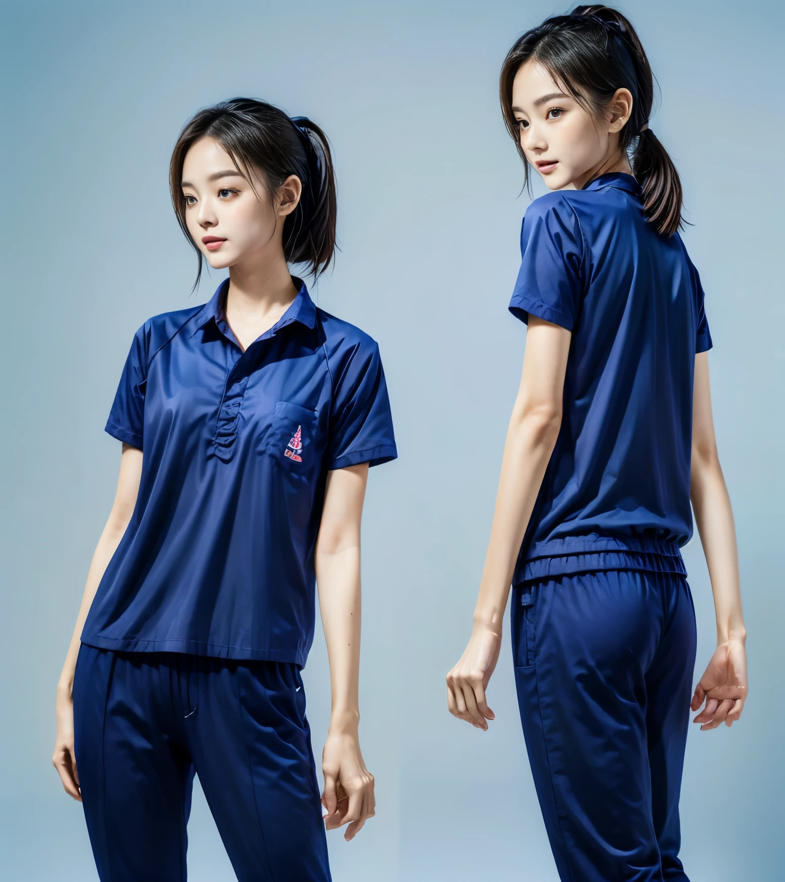 (best quality,10,10,height,Masterpiece:1.2),Special details,(realistic,ภาพrealistic,Realistic photos:1.37),1 Cute girl in the kitchen,shiny, ผิวshiny,only,smile softly,BDclothelue shirt:1.3)),short sleeve,shirt, กางเกงขาlong.,(navy_long_track pants:1.1), ((Kitchen Background)),Dynamic angle,excited,Face focus,dynamic poses,from behind,focus on ass,Masterpiece, best quality, ultra realistic, hyper detail, 8k resolution, raw photos, Sharp focus, ((Navy blue shirt:1.1)), short sleeve, เส้นทางlong, perfect body, 2 mature women, 18 years old, Cinema-grade lighting system,blue sweatpants,shirtผ้าออกกำลังกาย,correct anatomy,perfect body, correct body, Sharp face, correct bodyทางกายวิภาค, full body, realistic gestures, long-haired, realistic poses,Wear long shorts...........................,ช่วงขาlong,Good shape,carved girl, Slender figure, model, Good shape, beautiful body,blue sweatpants, two girls kissing