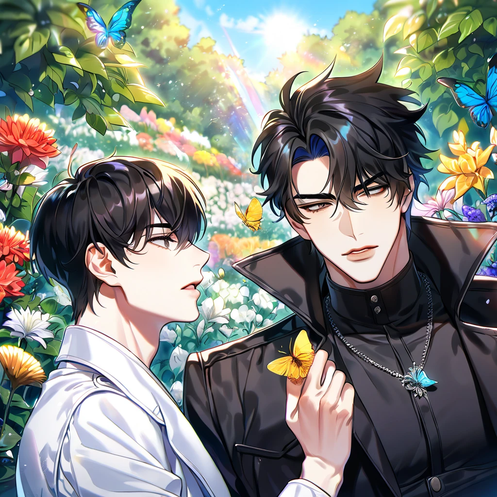 absurdres, highres, ultra detailed, HDR, master piece, best quality, extremely detailed face, delicated features, Kim Dokja & Yoo Joonghyuk, black hair, expressive gray eyes, Omniscient Reader's Viewpoint, black hair, expressive brown eyes, two sexy men together, yaoi, gay couple,handsome, black coat, white coat, fantasy, magical, butterflies, summer, green leaves, flowers, garden, blue sky, joongdok