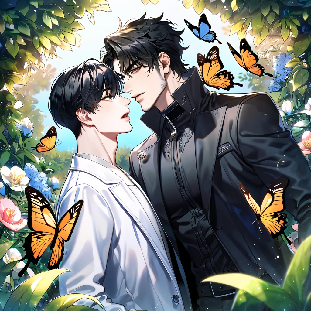absurdres, highres, ultra detailed, HDR, master piece, best quality, extremely detailed face, delicated features, Kim Dokja & Yoo Joonghyuk, black hair, expressive gray eyes, Omniscient Reader's Viewpoint, black hair, expressive brown eyes, two sexy men together, yaoi, gay couple,handsome, black coat, white coat, fantasy, magical, butterflies, summer, green leaves, flowers, garden, blue sky, joongdok