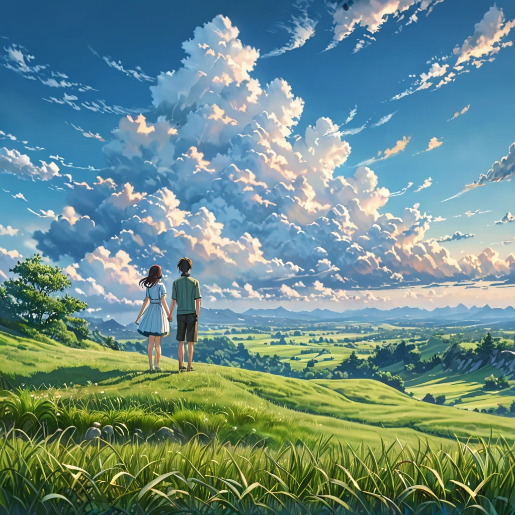anime couple standing, looking at clouds, big blue sky, beautiful clouds, beautiful grass filed, green grass, realistic scenery, couple sweet, HD, wide photography, award winning photo