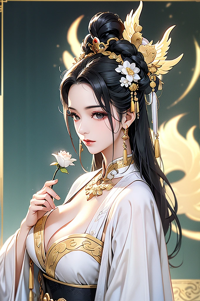 Black Hair, Immortal, Beauty, Royal sister, Stepmother, White Taoist robe, Golden Phoenix Coronet, Hair Bunch, Big breasts, Mature Woman