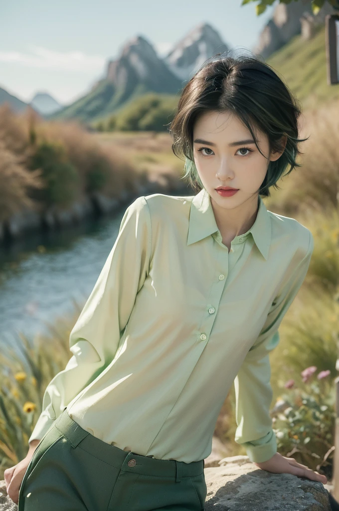 (((best quality))),(((ultra detailed))),(((masterpiece))),illustration,((1 beautiful girl,tomboy,solo)),(short black hair:1.2),((slim,thin)),((small breasts,thin)), vigorous, confident, (light green collared shirt:1.3), (dark green pants:1.2), simplicity, robustness, strong features, (vibrant colors:1.3),glowing eyes, rebellious, sensible, (mountainous landscape:1.3), (vibrant colorful flowers:1.3), elegance, unyielding spirit, youthful beauty, strength, resilience, adversity, challenges,((from front,upper body))