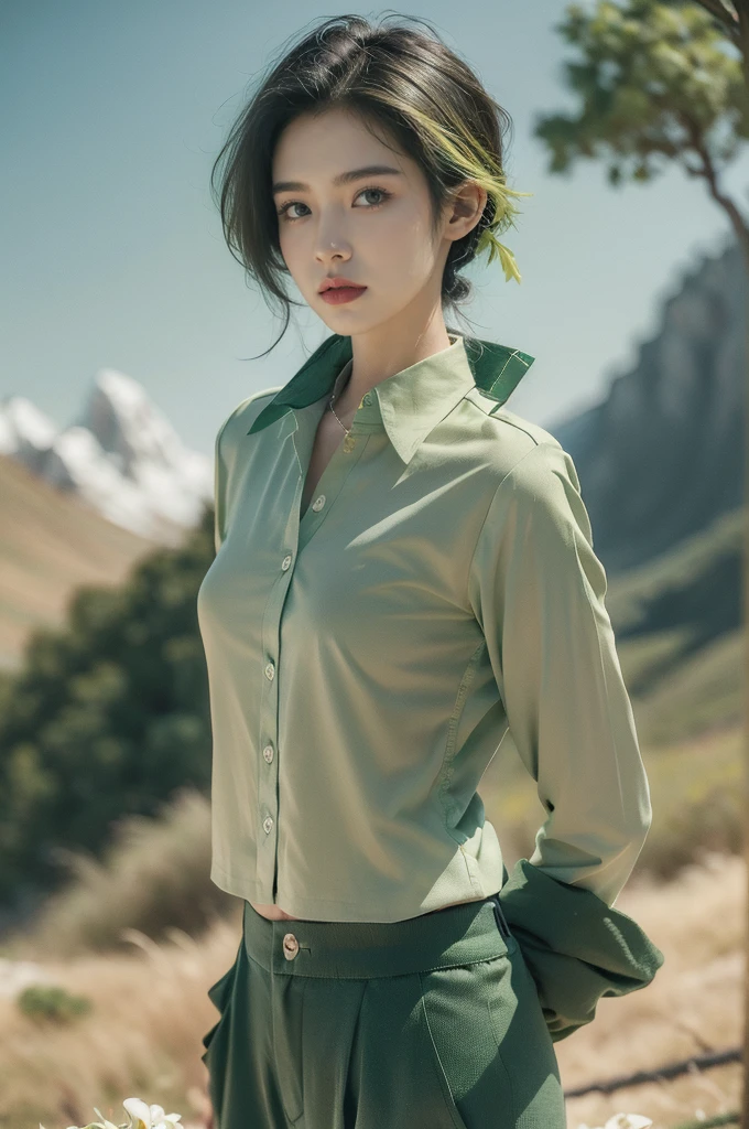 (((best quality))),(((ultra detailed))),(((masterpiece))),illustration,((1 beautiful girl,female soldier,solo)),(black short hair:1.2),((slim,thin)),((small breasts,thin)), vigorous, confident, (light green collared shirt:1.3), (dark green pants:1.2), simplicity, robustness, strong features, (vibrant colors:1.3), dynamic brushstrokes, glowing eyes, rebellious, sensible, (mountainous landscape:1.3), (vibrant colorful flowers:1.3), elegance, unyielding spirit, youthful beauty, strength, resilience, adversity, challenges,((from front,upper body))