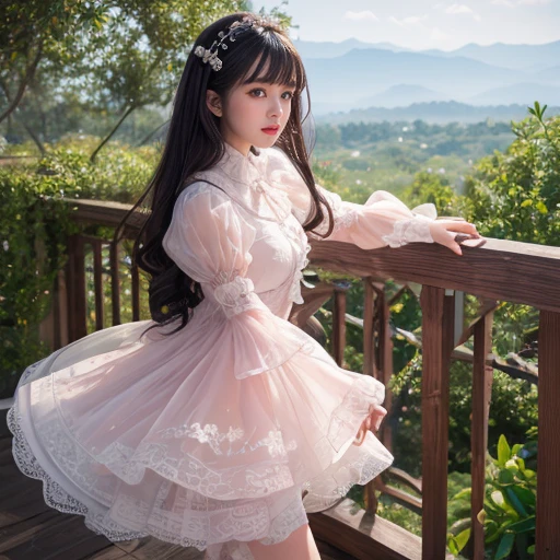 best quality, masterpiece, lifelike, 1 girl, solitary, eternity, black hair, Long curly hair, Bangs, laugh out loud, layered lace skirt,  ???? sleeves, Wide sleeves, Transparent sleeves,  flower, Detailed Background,  Delicate face，pink blush，White，knee socks, pink shoes，cold，lots of lace，((​masterpiece))、(top quality)、8k、high detail、Super detailed、 21 years old female，​masterpiece、born、intricate details showcase the ruffles and intricate designs of the Lolita dress、fair、magic、realism、Visual effects、FXAA、SSAO、Shader、voiceless、ambient lighting、Tone mapping、High resolution、Ultra high quality、Million pixels、(8k resolution:1.10)、8k resolution、high detail、intricate details、 (high quality:1.2、​masterpiece:1.2、:1.21)、(21 years old female），Landscape photos