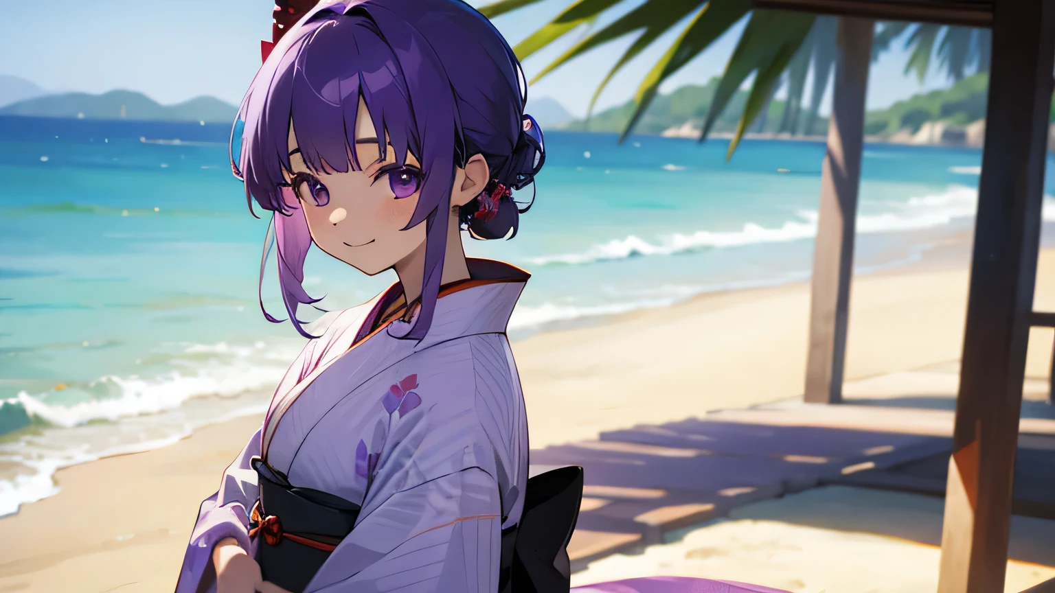 summer, beach, kimono, purple hair, smile, japanese girl