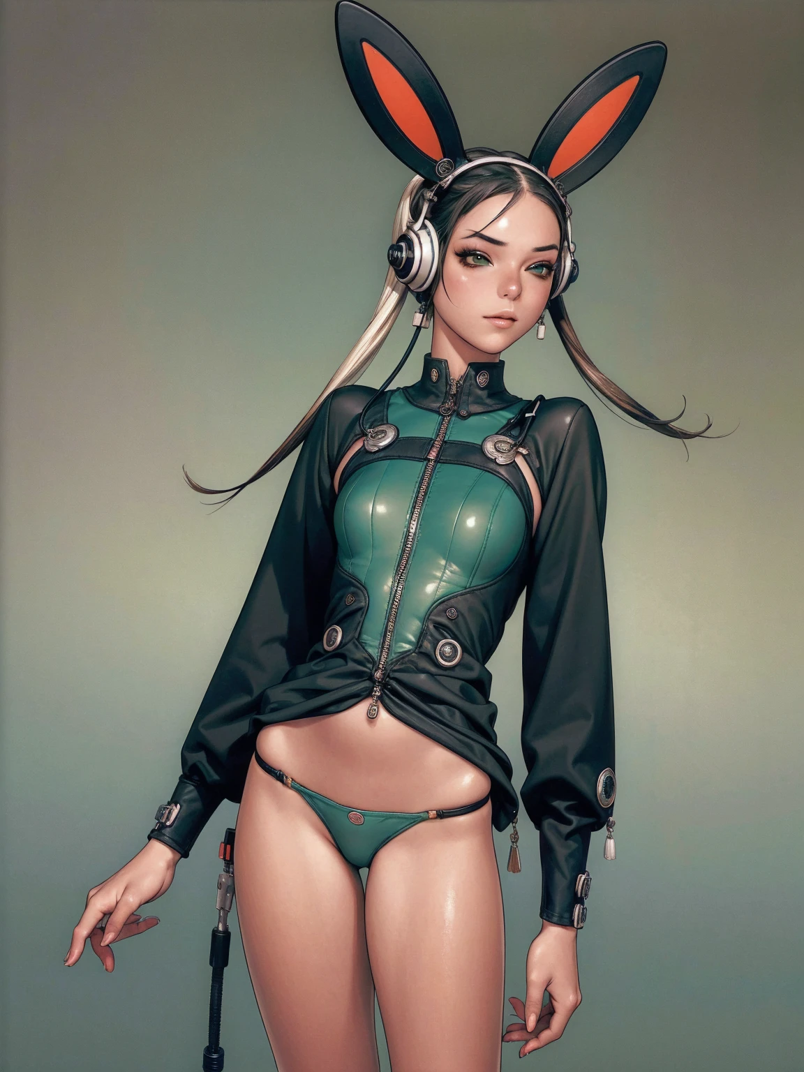(best qualityer))), (((manga strokes))), (((Headphones))), (((Green devices))), Bunny ears and Googles on the forehead, (((tiny thong shorts))), uma Kizi jovem muito bem vestida com roupas modernas de inverno, short top, short jacket with dark fur collar, beautiful and expressive face, slightly-smile, big eyes with long black eyelashes, heavy make-up, chains and zippers spread across clothes, contrasting colours, pose de atitude, hair with a modern and futuristic cut, urban game poster art, dramatic camera angles, graffiti art elements, ((bird’s eye view))), (((best qualityer: 1.4))), (Unbeatable masterpiece), (hiper HD),(CG 8k hyper-realistic), Kizi, (((standing alone))), pirralha violent, ((())), sexly, pose de atitude, work of art, post-apocalypse, (((manga style))), bounty hunter, violent, Manic, the way you want, slenderbody, thin but strong, perfectbody, roupa moderna, advanced technology, neon, sleeves with vertical striped pattern