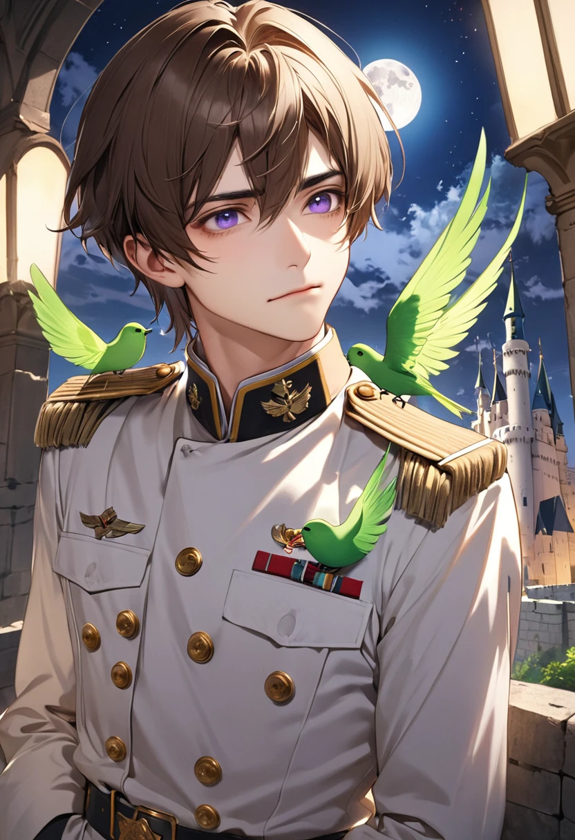 1 male Brown hair and eyebrows Long Bangs Purple Eyes White military uniform full moon Inside the castle A thin green bird