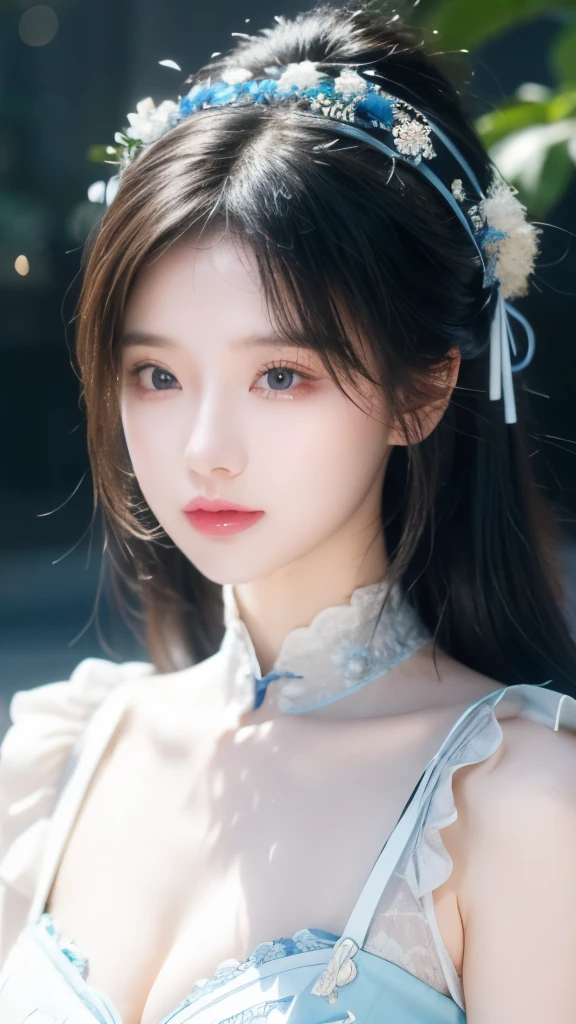 Blue and white porcelain style，Chinese Clothing，The costumes are blue and white in theme，Chinese Art Style，Fashion model 18 years old [[[[Close-up cleavage]]]], [[[[breast]]]], [[[[Cole]]]], [[[[Shoulder]]]], Perfect eyes, Perfect Iris，Perfect lips，Perfect Teeth，Perfect skin，Fair skin，Soft headlight，HDR，girl，White hair，Sad expression，Background is outdoor，White powder wall，Light blue flowers，4K ultra HD, Ultra-high resolution, (Reality: 1.4), best quality，masterpiece，Super dilution，（Pastel colors：1.2）