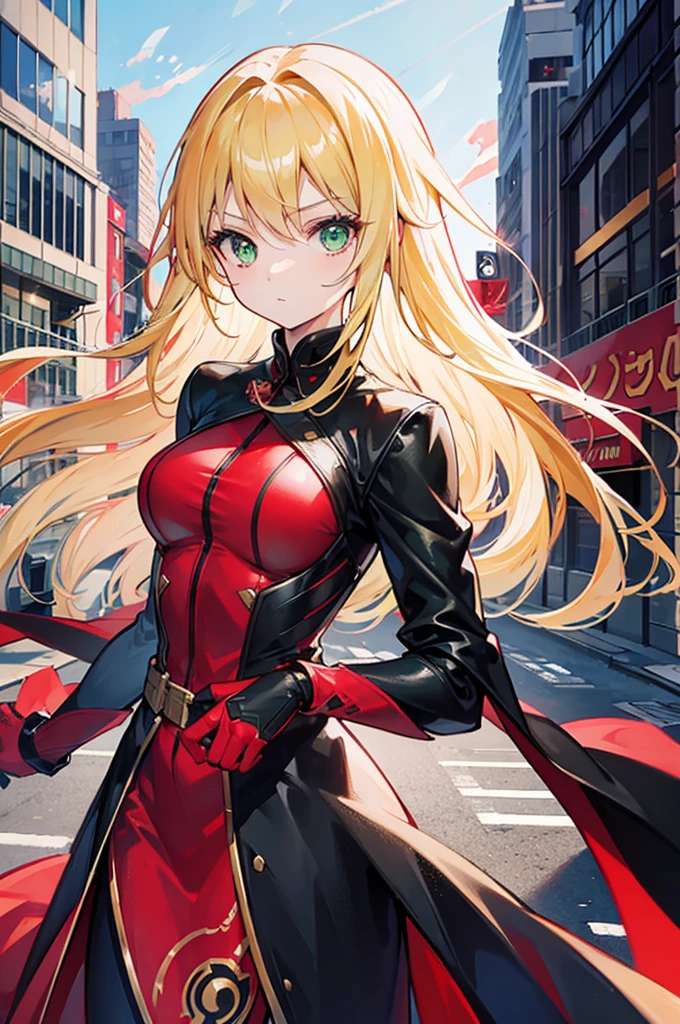 1 girl, long blonde hair, green eyes, wearing red and black suit, removing helmet, city, windy, high res, looking behind, masterpiece, 8k