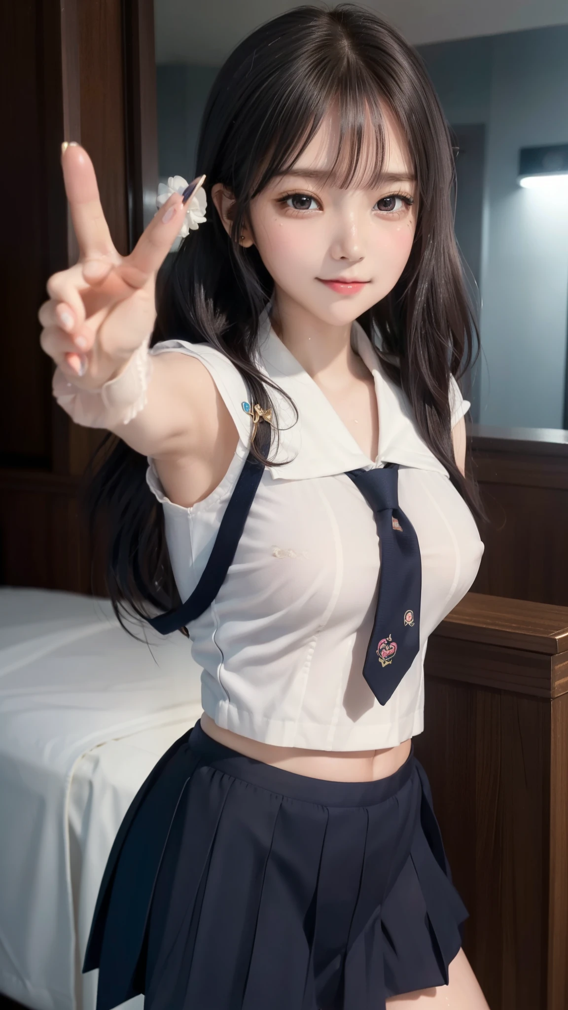 (Cute Sailor Uniform、Idol Smile)、One beautiful woman、Twin tails、(Detailed eyes and face:1.2、Professional photography techniques)、Beautiful Hands、Thin legs、(Highest quality:1.2), 8k, Official Art, chest、(Moisturizing lips、Cute duck lips)、(I can see your underwear:1.3)、 Trending on cgstation, Official Art, Whole Body Ezbian、The beauty of sailor suits、Cool look、(masterpiece:1.2)、(Highest quality)、(8k)、(Cinema Lighting)、(complicated)、Black Hair、歳beautiful girl、Beautiful breasts、(beautiful girl, Cute face), Gold decoration in hair、naked、Sweat、chestのクローズアップ, Gardenia, Viola family, space , Looking at the audience,blush、Film Grain, chromatic aberration, Focus on, Face Light, Dynamic Lighting, Cinema Lighting, (Detailed hands:1.2、The right move:1.2、Fine Fingers、The perfect peace sign:1.2)、(Cute Ties:1.2、Cute patterned necktie:1.2)