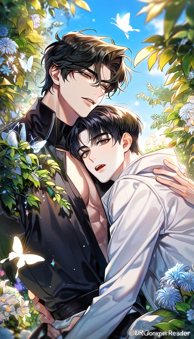absurdres, highres, ultra detailed, HDR, master piece, best quality, extremely detailed face, delicated features, Kim Dokja & Yoo Joonghyuk, black hair, expressive gray eyes, Omniscient Reader's Viewpoint, black hair, expressive brown eyes, two sexy men together, yaoi, gay couple,handsome, black coat, white coat, fantasy, magical, butterflies, summer, green leaves, flowers, garden, blue sky, joongdok