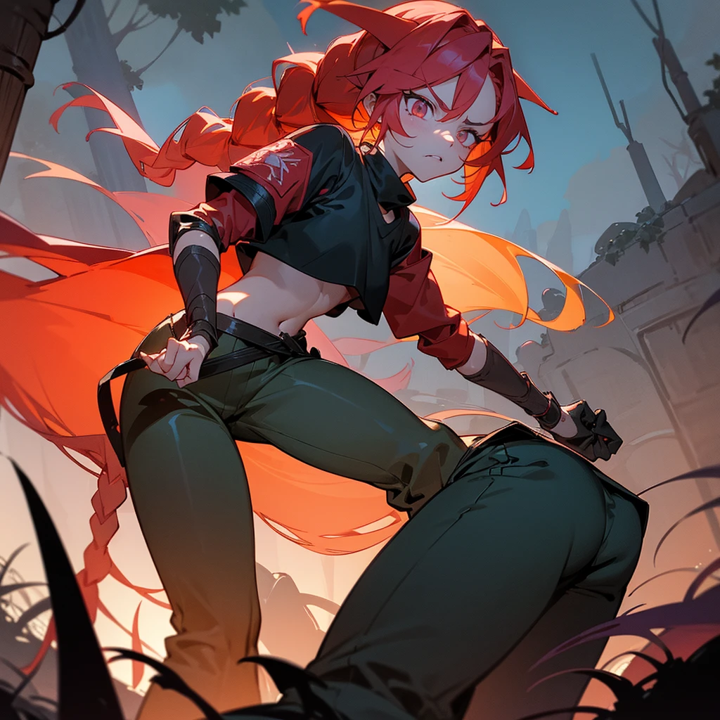 1female, sexy, young teen, finely detailed rose eyes, wild long hair, braided hair, fluorescent red color hair, adventurer gear, crop top sweater, baggy combat pants, night time, dark forest, somber expression, angry, flowers, standing on path, lanturns, black armband