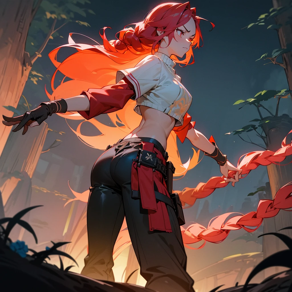 1female, sexy, young teen, finely detailed rose eyes, wild long hair, braided hair, fluorescent red color hair, adventurer gear, crop top sweater, baggy combat pants, night time, dark forest, somber expression, angry, flowers, standing on path, lanturns, black armband