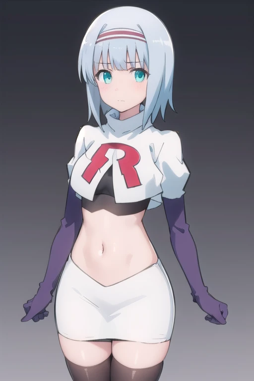 solo, 1girl, looking at viewer, 2D, anime, anime coloring, (simple background, solid white background:1.3),  linze silhoueska, team rocket,team rocket uniform,white skirt,red letter R,crop top,black thigh-highs,black elbow gloves