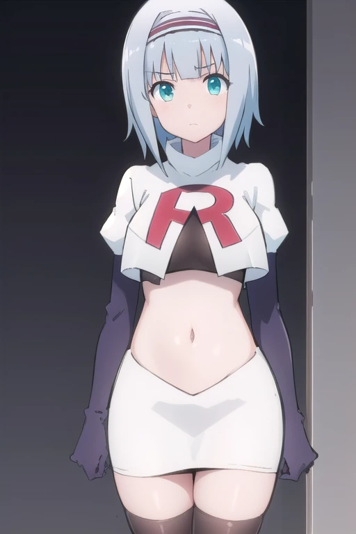 solo, 1girl, looking at viewer, 2D, anime, anime coloring, (simple background, solid white background:1.3), linze silhoueska, team rocket,team rocket uniform,white skirt,red letter R,crop top,black thigh-highs,black elbow gloves