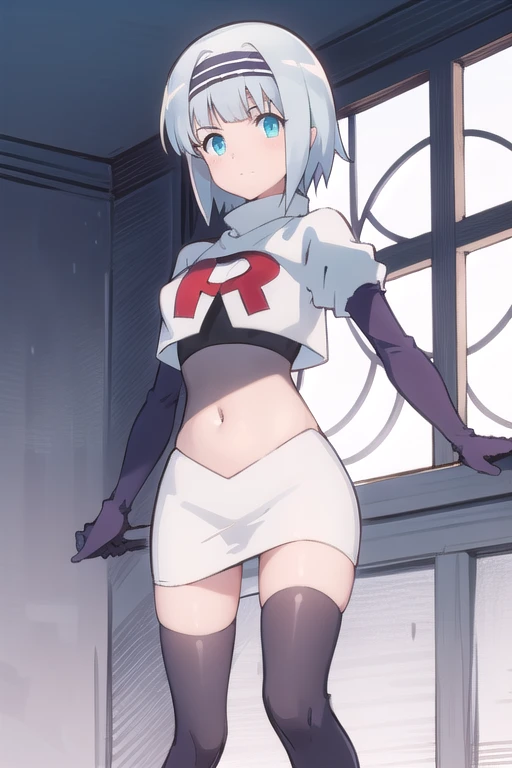 solo, 1girl, looking at viewer, 2D, anime, anime coloring, (simple background, solid white background:1.3),  linze silhoueska, team rocket,team rocket uniform,white skirt,red letter R,crop top,black thigh-highs,black elbow gloves