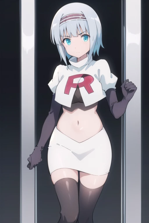 solo, 1girl, looking at viewer, 2D, anime, anime coloring, (simple background, solid white background:1.3), linze silhoueska, team rocket,team rocket uniform,white skirt,red letter R,crop top,black thigh-highs,black elbow gloves