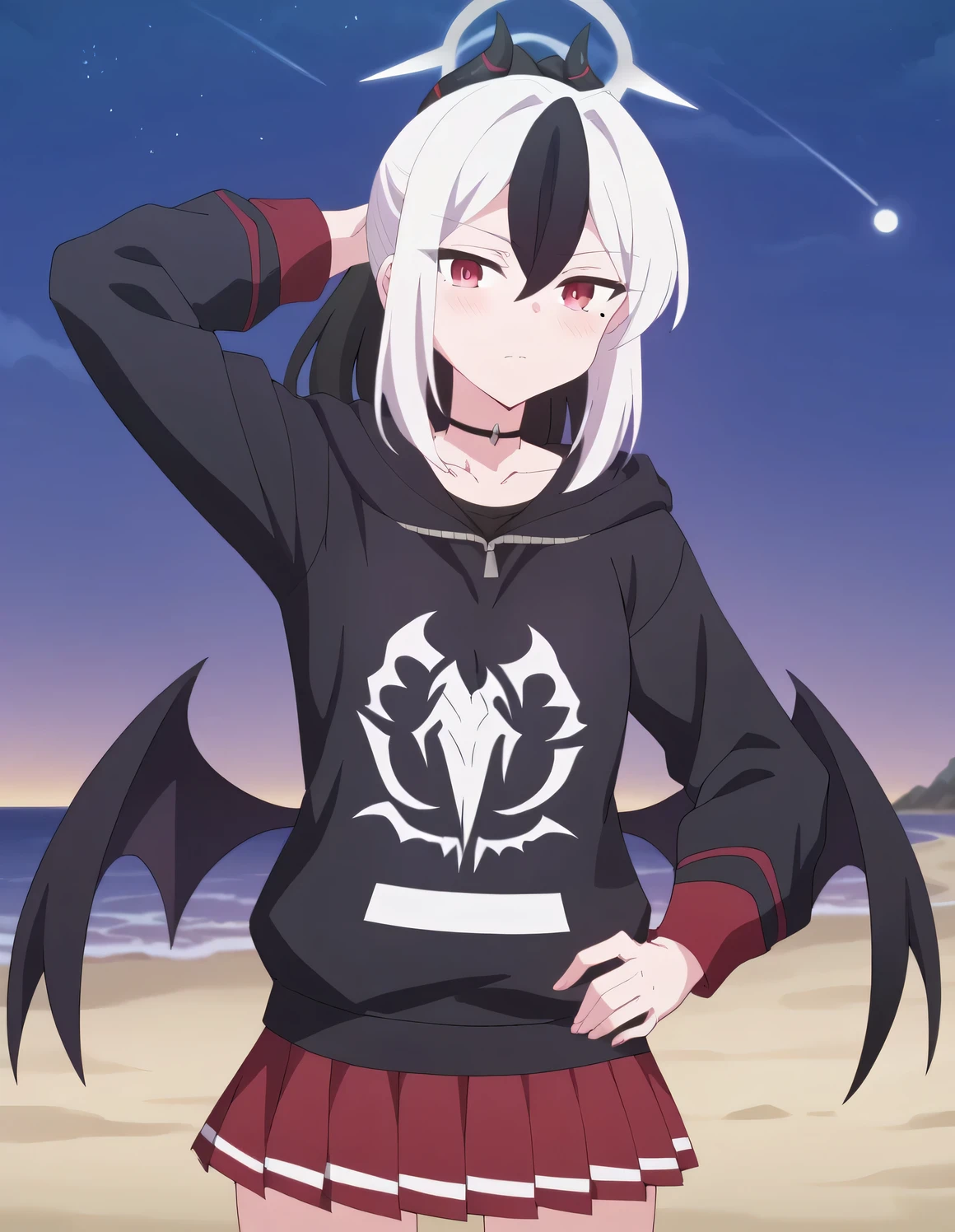 kayoko onikata, black hair, demon horns, hair between eyes, halo, horns, long hair, low wings, mole, mole on collarbone, multicolored hair, ponytail, red eyes, single wing, two-tone hair, white hair, wings, black ponytail, black hoodie, choker, hood, hoodie, pleated skirt, skirt, red skirt, high quality, looking_at_viewer, closed mouth, solo, (cowboy shot:1.5), night sky, beach, arm behind head, hand on hip, contrapposto, spread armpits, looking at viewer, best quality, expressionless, blushing,