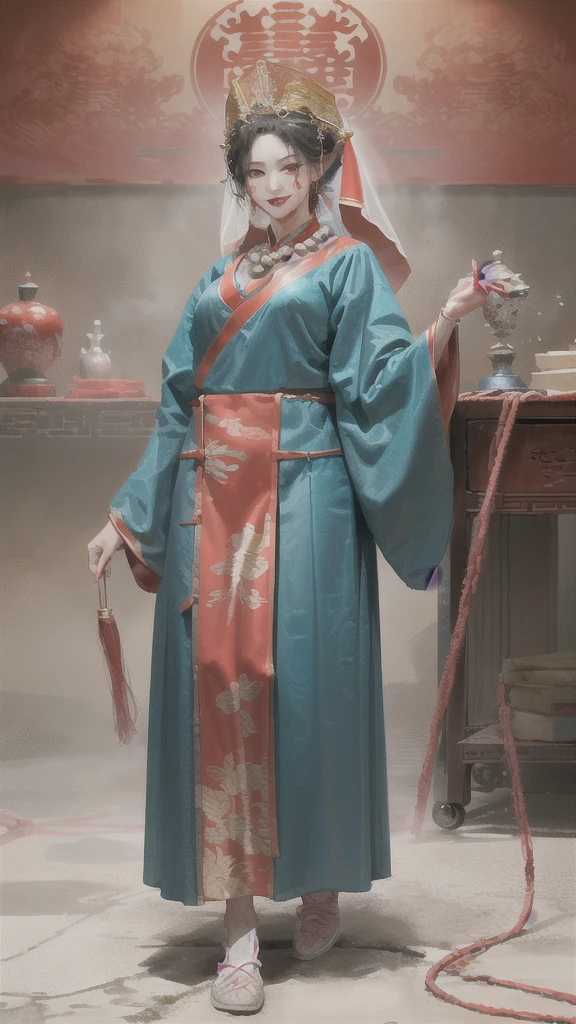 masterpiece,(masterpiece, front，Looking at the audience，face，Top quality, best quality, Chinese Hanfu，Qing Dynasty嫁衣，Qing Dynasty，Ancient China，Headdress，Headdress，Red clothing，Red clothing，Paper wedding dress，Solitary,Standing，whole body, bead, veil, Keep, Jewelry, Looking at the audience, necklace, 1 Girl, indoors, hood, Long sleeve, Blood, Floral,, Smile, dark, (Red Chinese clothes), skirt, fear (theme), Black Hair, ,,面朝前方Looking at the audience，Simple background，Solid color background