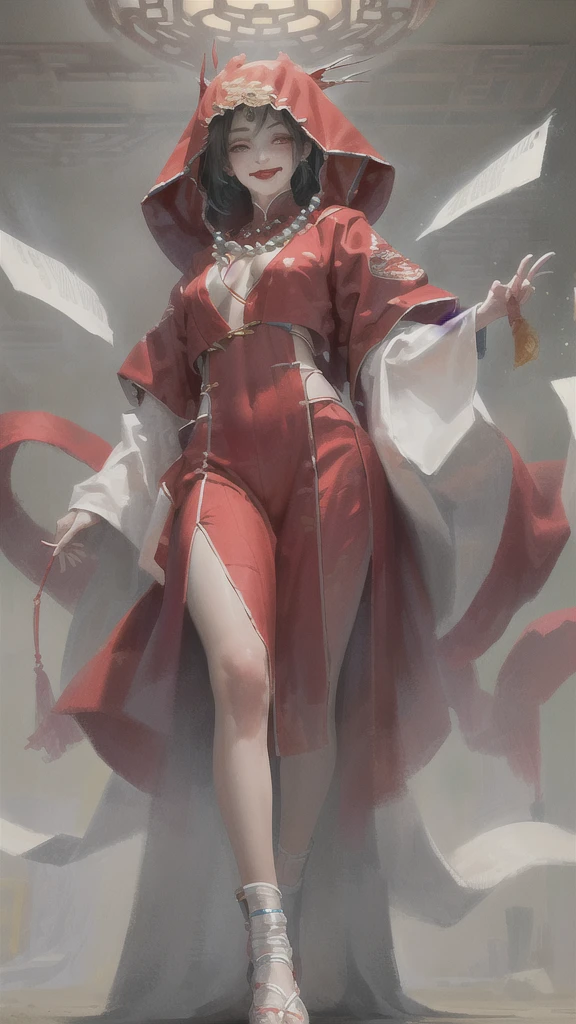 masterpiece,(masterpiece, front,Looking at the audience,face,Top quality, best quality, Chinese Hanfu,Qing Dynasty嫁衣,Qing Dynasty,Ancient China,Headdress,Headdress,Red clothing,Red clothing,Paper wedding dress,Solitary,Standing,whole body, bead, veil, Keep, Jewelry, Looking at the audience, necklace, 1 Girl, indoors, hood, Long sleeve, Blood, Floral,, Smile, dark, (Red Chinese clothes), skirt, fear (theme), Black Hair, ,,面朝前方Looking at the audience,Simple background,Solid color background
