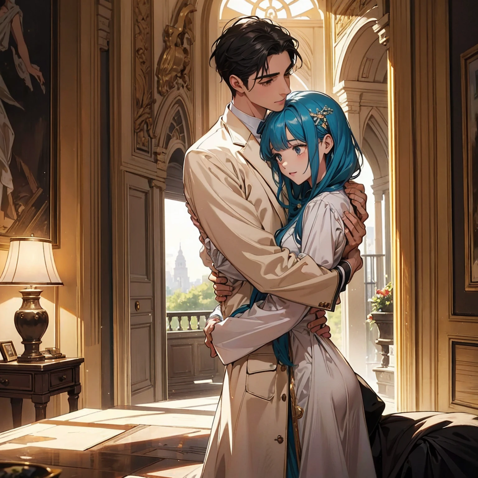 A heartwarming scene in a modern, elegant mansion in Constantine,Algeria. A young father in his 30s, dressed in a business suit, has just returned home from work. He lovingly and warmly embraces his playful and innocent twin children, a boy and a girl, lifting them up in a tight hug. The children, full of joy and innocence, cling to him with bright smiles. The setting is bathed in the golden light of a clear summer evening. Sunlight streams through large windows, illuminating the spacious living room and the view of a beautifully landscaped garden and the sparkling Adriatic Sea beyond. The father, secretly imagined as Constantine I, conveys deep love and forgiveness to his children, who are subtly represented as Crispus and Fausta. There is a profound sense of reconciliation, healing, and renewed bonds, symbolized by subtle hints of ancient Roman elements in the home's decor. The scene exudes warmth, peace, and a sense of restored relationships. 、divine atmosphere、A paradise of greenery and flowers、heaven、Blessings and Blessings、Beautiful fece、brilliance、ultra-quality、Ultra-high resolution、ultra-definition、Super beautiful、masterpiece、