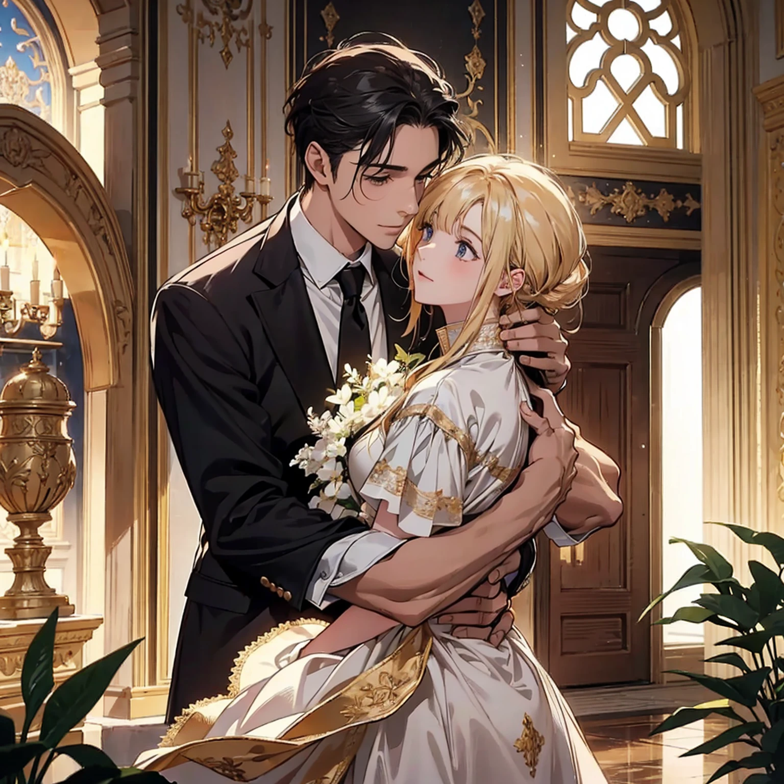 A heartwarming scene in a modern, elegant mansion in Constantine,Algeria. A young father in his 30s, dressed in a business suit, has just returned home from work. He lovingly and warmly embraces his playful and innocent twin children, a boy and a girl, lifting them up in a tight hug. The children, full of joy and innocence, cling to him with bright smiles. The setting is bathed in the golden light of a clear summer evening. Sunlight streams through large windows, illuminating the spacious living room and the view of a beautifully landscaped garden and the sparkling Adriatic Sea beyond. The father, secretly imagined as Constantine I, conveys deep love and forgiveness to his children, who are subtly represented as Crispus and Fausta. There is a profound sense of reconciliation, healing, and renewed bonds, symbolized by subtle hints of ancient Roman elements in the home's decor. The scene exudes warmth, peace, and a sense of restored relationships. 、divine atmosphere、A paradise of greenery and flowers、heaven、Blessings and Blessings、Beautiful fece、brilliance、ultra-quality、Ultra-high resolution、ultra-definition、Super beautiful、​masterpiece、