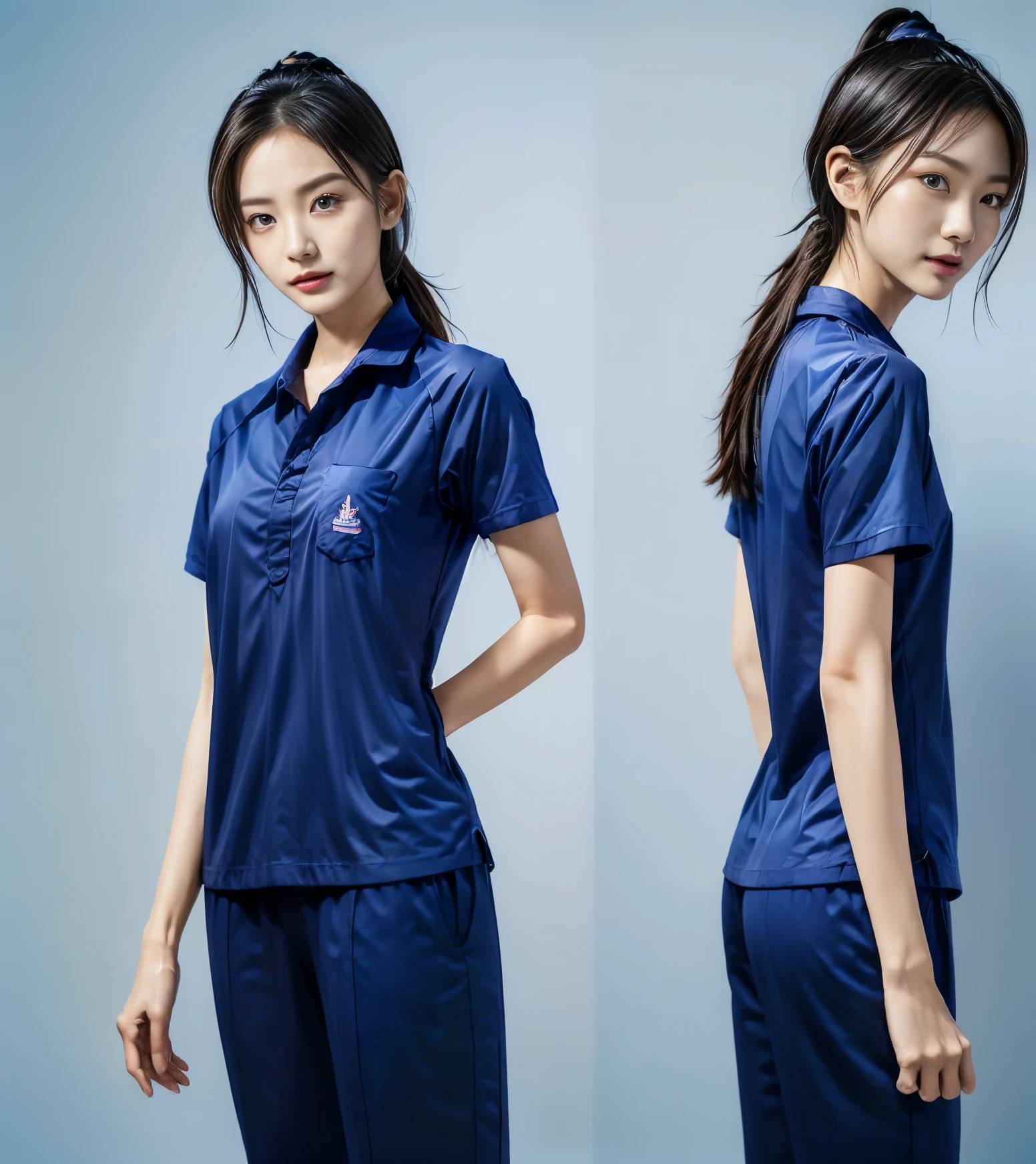 (best quality,10,10,height,Masterpiece:1.2),Special details,(realistic,ภาพrealistic,Realistic photos:1.37),1 Cute girl in the kitchen,shiny, ผิวshiny,only,smile softly,BDclothelue shirt:1.3)),short sleeve,shirt, กางเกงขาlong.,(navy_long_track pants:1.1), ((Kitchen Background)),Dynamic angle,excited,Face focus,dynamic poses,from behind,focus on ass,Masterpiece, best quality, ultra realistic, hyper detail, 8k resolution, raw photos, Sharp focus, ((Navy blue shirt:1.1)), short sleeve, เส้นทางlong, perfect body, 2 mature women, 18 years old, Cinema-grade lighting system,blue sweatpants,shirtผ้าออกกำลังกาย,correct anatomy,perfect body, correct body, Sharp face, correct bodyทางกายวิภาค, full body, realistic gestures, long-haired, realistic poses,Wear long shorts...........................,ช่วงขาlong,Good shape,carved girl, Slender figure, model, Good shape, beautiful body,blue sweatpants, two girls kissing
