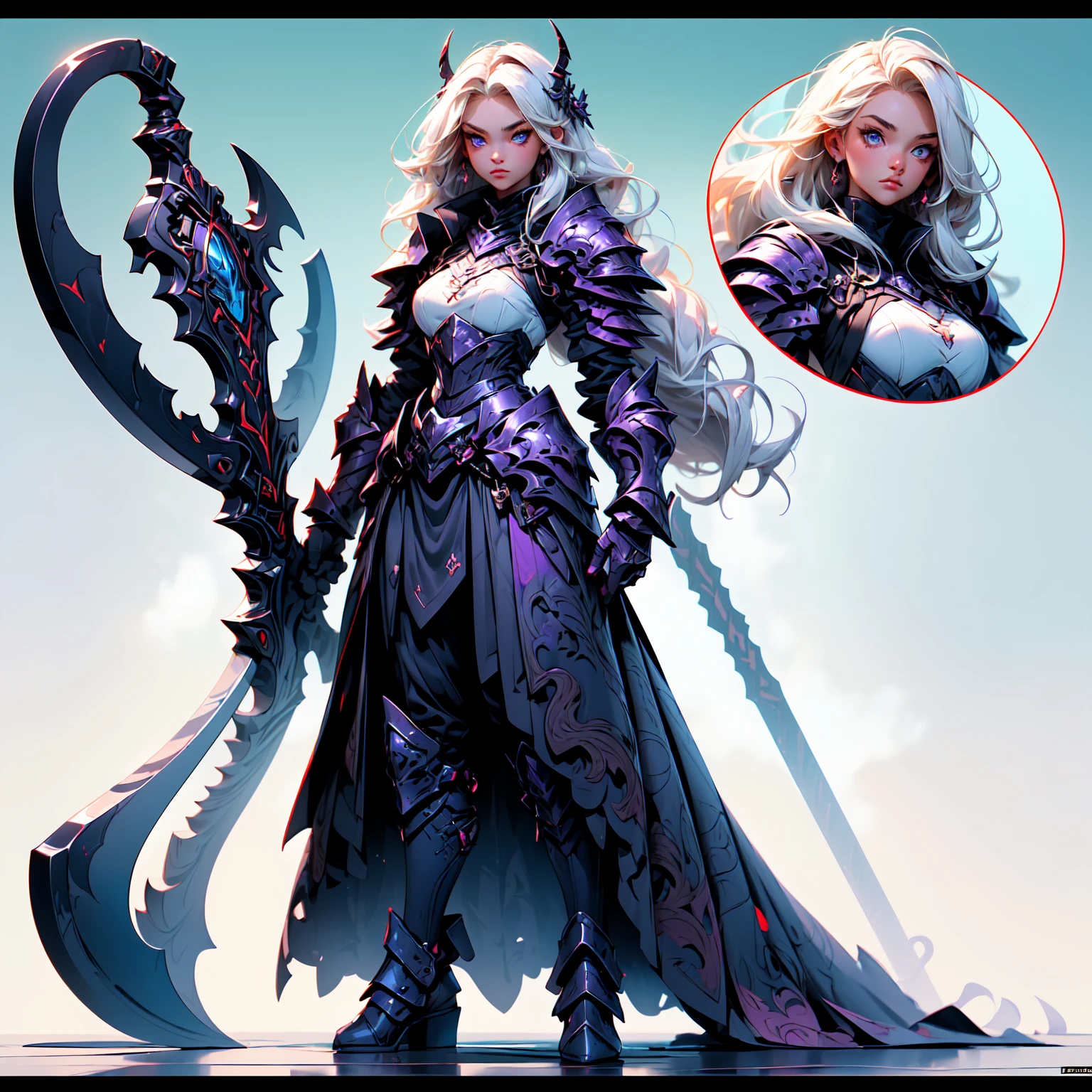 (((masterpiece, best quality, high detailed, 16k))) (1girl) A breathtakingly beautiful young slender girl with long flowing stylish white hair and piercing blue eyes. She wears a demonic armor in purple black and white. wields a large stylized scythe. ((full body view))