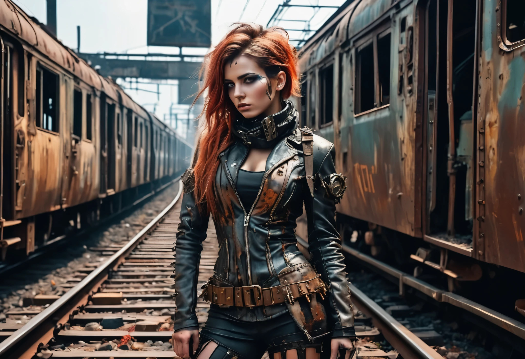 Create a diagonal and faithful image of a sad girl in torn clothes and dirty 18 year old madmax style leaning against the side of a long rusty and dirty subway train with METAL spikes around it, she is wearing an old gas mask, armored train, there are MANY SPOTS AROUND the train bodywork. front with a broken metal grille with several rusty spikes and blood-stained anti-zombie spikes; military style with modifications and protection with metal plates, war tank style, broken and dirty headlights with grilles, the train is passing underground inside an abandoned and dirty station in ruins underneath the center of the american city of ultra futuristic post-apocalyptic manhattan, there is vegetation growing in the corners of the walls in the season, there is debris lying on the train tracks, trem steampunk, dramatic art, dieselpunk art style, apocalyptic road warrior vibe, surreal digital art, mad max inspired, heavy metallic artwork, chrome grille symmetry, arte steampunk digital, It&#39;s not the Mad Max style, metallic art, is not Filip Hodas; artwork style, steampunk digital art, dieselpunk, in a hightech world, photo on the diagonal, high qualiy, 8k, extremely detaild, as realistic as possible, the highest possible quality.