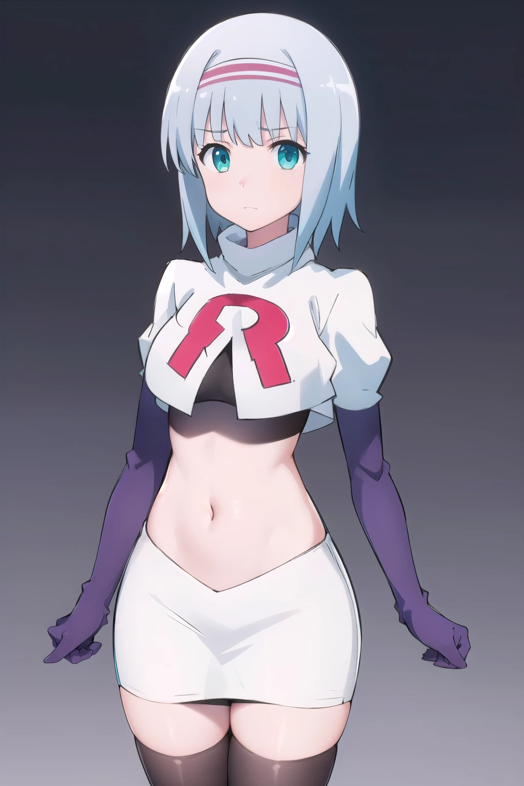 solo, 1girl, looking at viewer, 2D, anime, anime coloring, (simple background, solid white background:1.3),  linze silhoueska, team rocket,team rocket uniform,white skirt,red letter R,crop top,black thigh-highs,black elbow gloves
