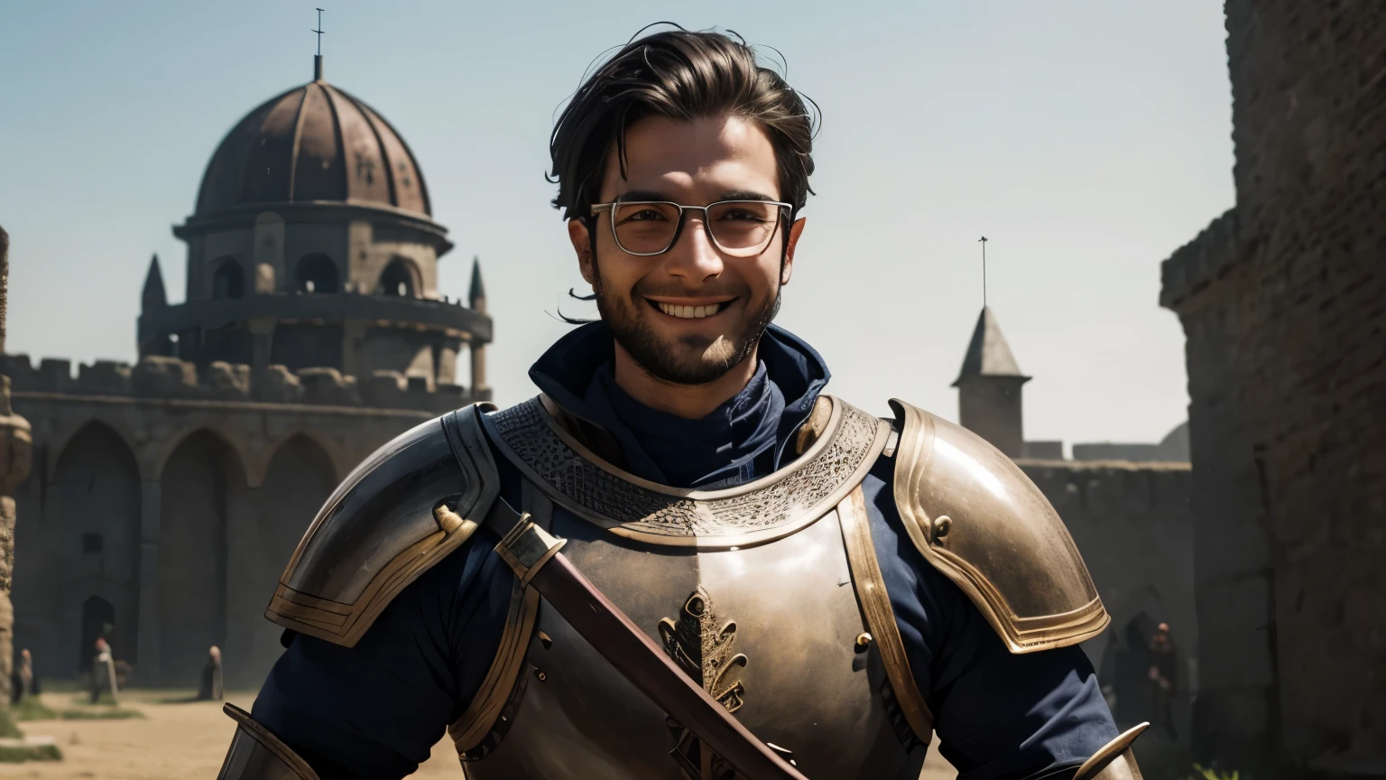 make a medieval warrior, thirty years old, smiling, from the front, strong, with armor, glasses