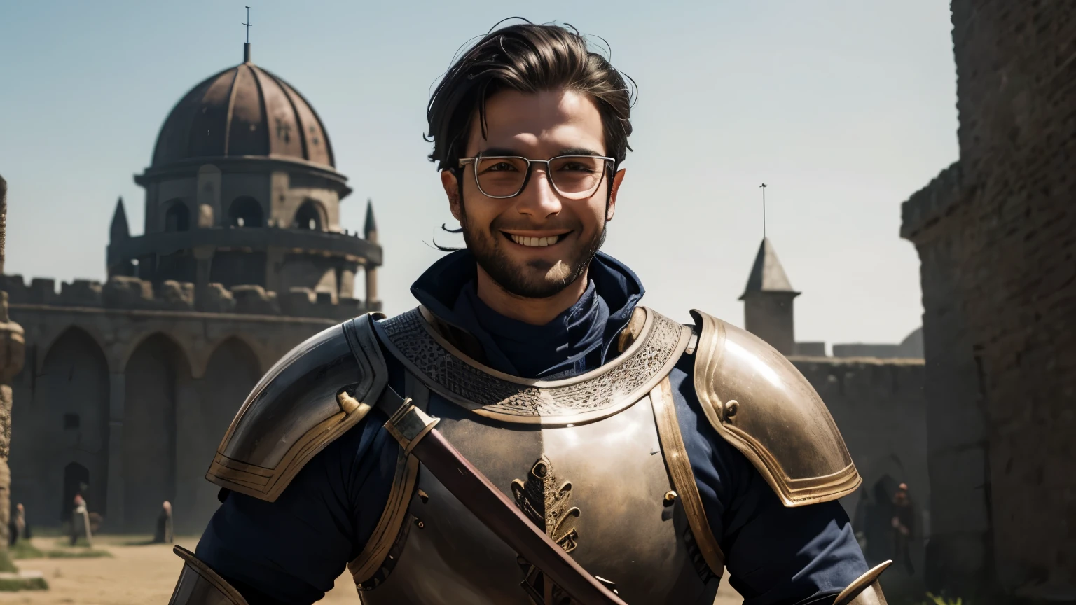 make a medieval warrior, thirty years old, smiling, from the front, strong, with armor, glasses