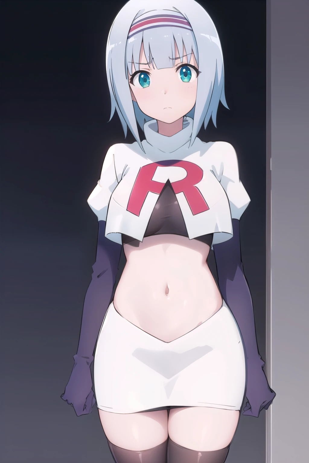 solo, 1girl, looking at viewer, 2D, anime, anime coloring, (simple background, solid white background:1.3), linze silhoueska, team rocket,team rocket uniform,white skirt,red letter R,crop top,black thigh-highs,black elbow gloves