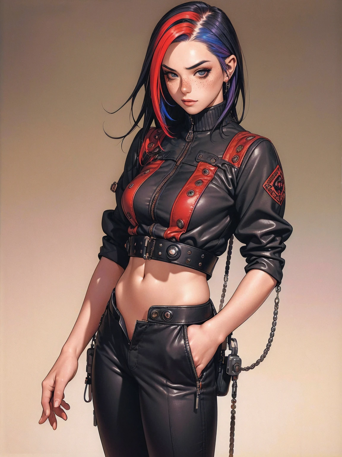(((best qualityer))), (((manga strokes))), (((freckles))), (((colorful punk hair))), jacket with rivets and screws, uma Kizi jovem muito bem vestida com roupas modernas de inverno, (((pants with red and black zig-zag pattern))), top with vertical stripes, short jacket with dark fur collar, beautiful and expressive face, slightly-smile, big eyes with long black eyelashes, heavy make-up, chains and zippers spread across clothes, contrasting colours, pose de atitude, hair with a modern and futuristic cut, urban game poster art, dramatic camera angles, graffiti art elements in the background, design mixing contemporary and retro by Shepard Fairey, (((cowboy shot))), (((best qualityer: 1.4))), (Unbeatable masterpiece), (hiper HD),(CG 8k hyper-realistic), Kizi, (((standing alone))), pirralha violent, (((14歳))), sexly, pose de atitude, work of art, post-apocalypse, (((manga style))), bounty hunter, violent, Manic, the way you want, slenderbody, thin but strong, perfectbody, roupa moderna, advanced technology, neon, sleeves with vertical striped pattern, neutral background, (( cowboy shot )). intricate visual