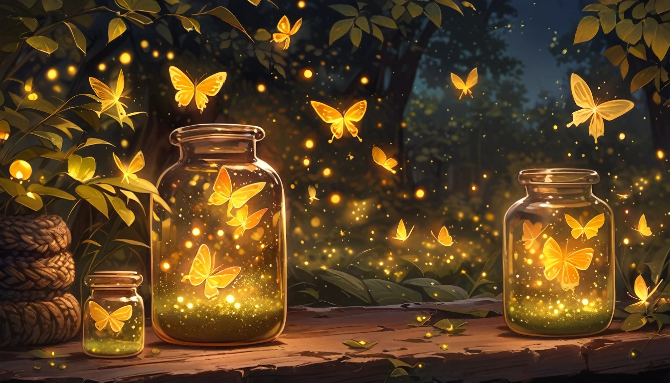 there is a glass jar with a glowing fire inside of it, golden fireflies lights, glowing jar, amazing wallpaper, among wonderful golden fireflies, glowing fireflies, fireflies glowing, fireflies, fire flies, butterfly lighting, glowing butterflies, fireflies and sparkling wisps, fireflies!!!!, fireflies in the air, fireflies!!