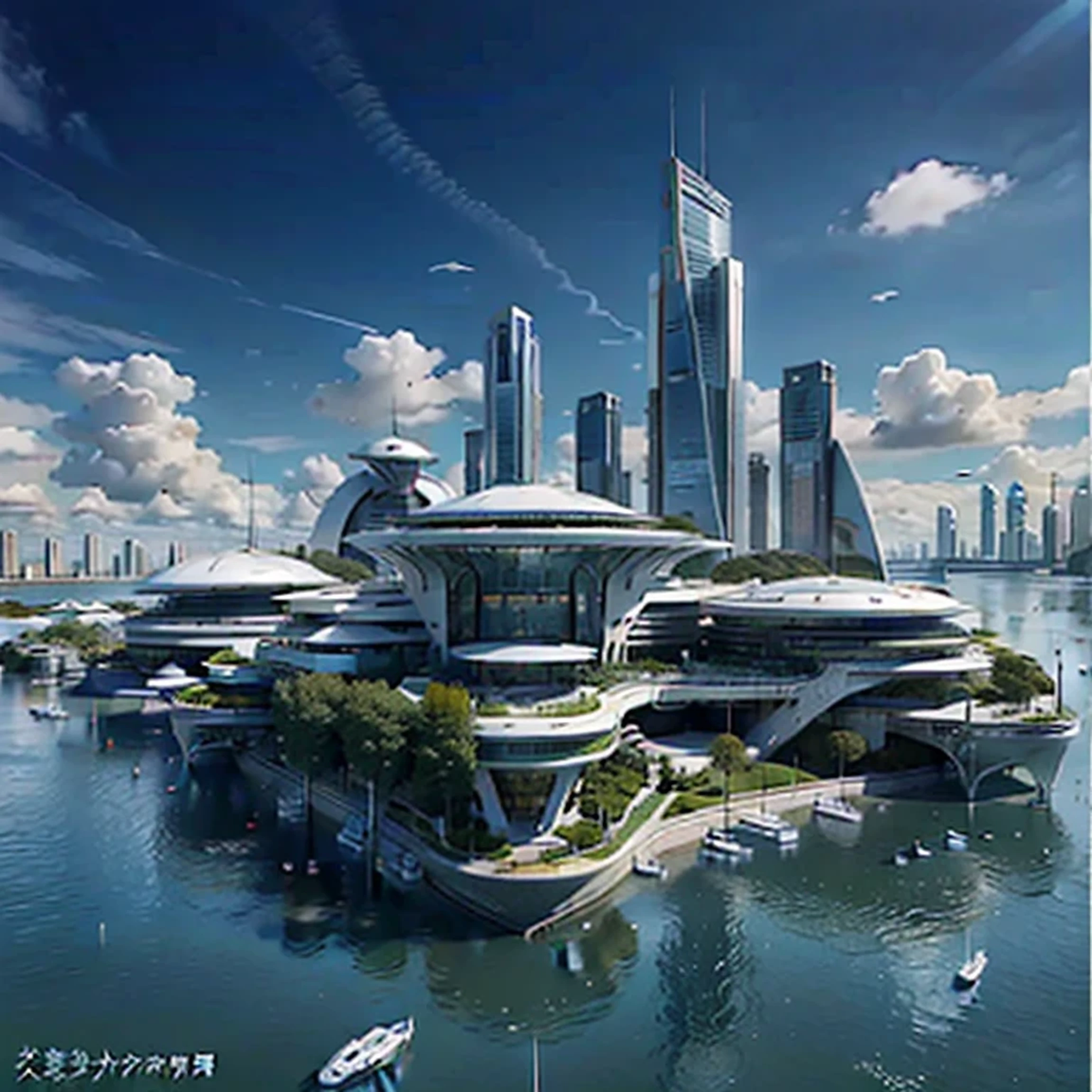 The future Biocity on the site of the old Portsmouth, new hanle. There is a mix of old and new buildings here, Green Spaces, and water features. It also has six large artificial floating islands.,(Zenith angle), ((By Iwan Baan)), Floating city,Blue sky and white clouds,sunny,Ultra wide angle,