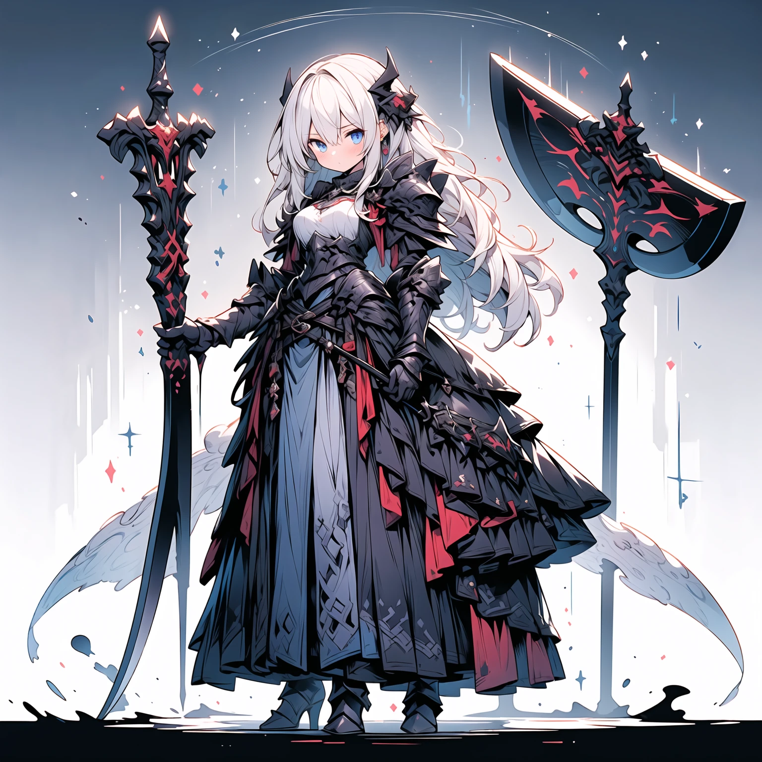 (((masterpiece, best quality, high detailed, 16k))) (1girl) A breathtakingly beautiful young slender girl with long flowing stylish white hair and piercing blue eyes. She wears a demonic armor in purple black and white. wields a large stylized scythe. ((full body view))