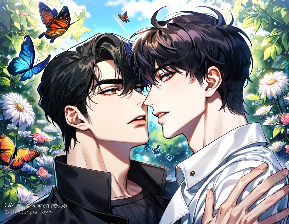 absurdres, highres, ultra detailed, HDR, master piece, best quality, extremely detailed face, delicated features, Kim Dokja & Yoo Joonghyuk, black hair, expressive gray eyes, Omniscient Reader's Viewpoint, black hair, expressive brown eyes, two sexy men together, yaoi, gay couple,handsome, black coat, white coat, fantasy, magical, butterflies, summer, green leaves, flowers, garden, blue sky, joongdok